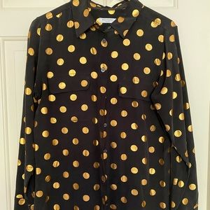 Equipment silk metallic polka dot button-up blouse